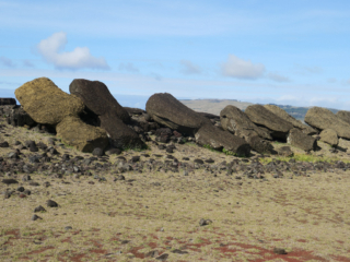 Vaihu - 8 statues laying face down pointing to the sea. Easter Island, Isla de Pascua, Hanga-Roa, Chile, South America