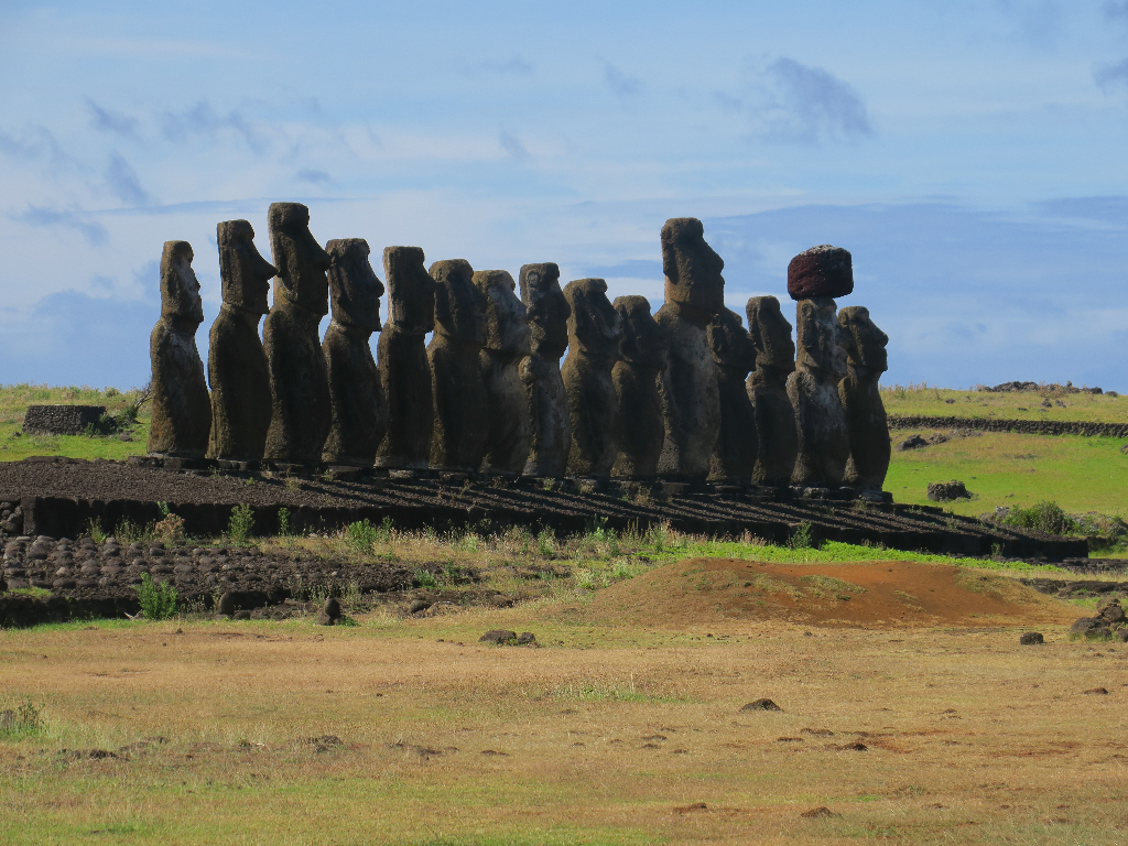 Ahu Tongariki - the 15 most famous Moai on Easter Island.  Isla de Pascua, Chile, South America