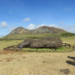 Like Ahu Akahanga - A fallen Moai with beautiful view of the Rano Raraku quarry, Easter Island, Isla de Pacua, Chile, South America
