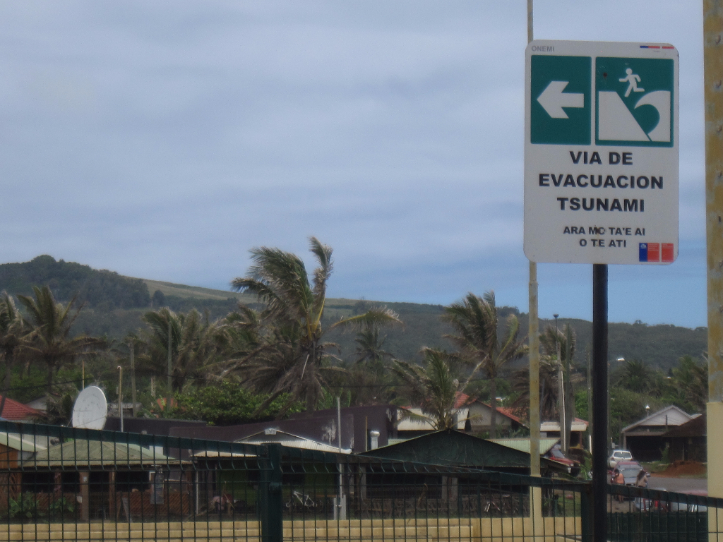 Tsunami evacuation signs Easter Island, Rapa Nui, Hanga Roa, Isla de Pascua, Chile, South America