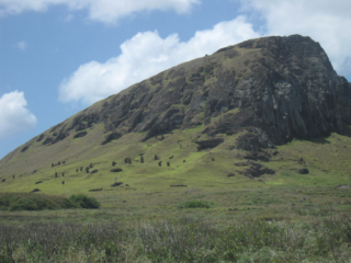 Rano Raraku Moai quarry and volcano crater. Easter Island, Rapa Nui, Hanga Roa, Isla de Pascua, Chile, South America